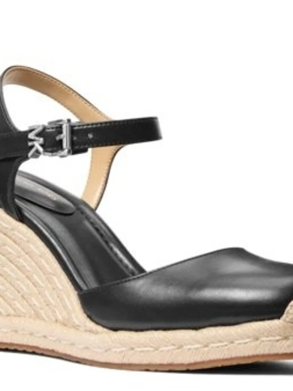 Michael Kors Black Leather Espadrille Wedge Sandals with MK Buckle